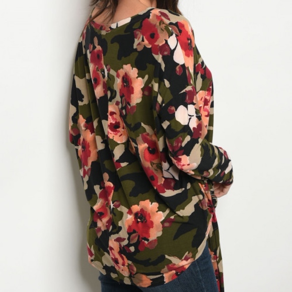 LAST 1! OLIVE CAMO W/FLOWERS TOP - Picture 2 of 2